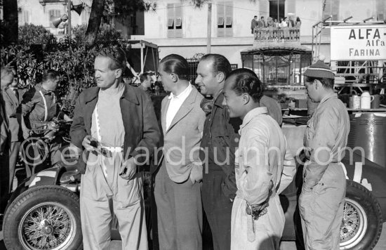 GP drivers, from left Toulo de Graffenried, pre-war driver Goffredo Zehender, Juan Manuel Fangio, Prince Bira and Maurice Trintignant. Monaco Grand Prix 1950. - Photo by Edward Quinn