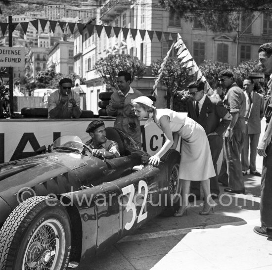 Bella Darvi, who had a leading role in the film "The Racers" supposed to be a flirt of Prince Rainier. Lancia D50 of Louis Chiron. Monaco Grand Prix 1955. - Photo by Edward Quinn