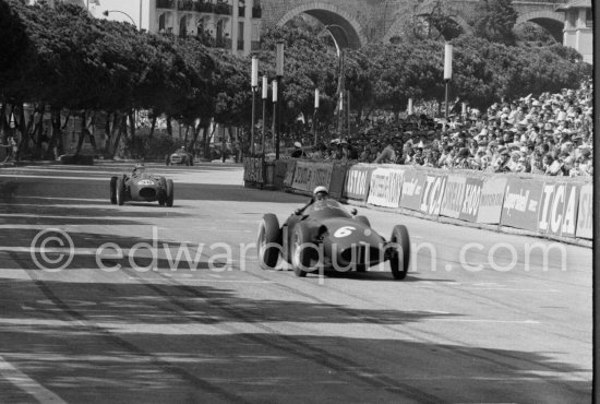 Jean Behra (6), B.R.M. P25, Mike Hawthorn, (38) Ferrari Dino 246. Monaco Grand Prix 1958. - Photo by Edward Quinn