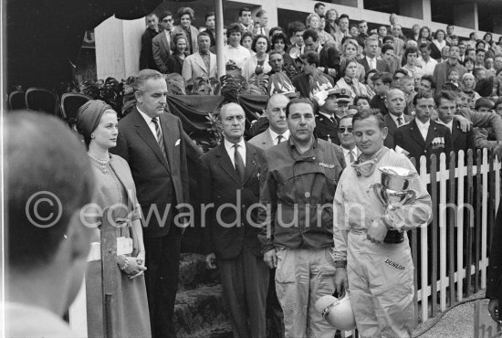 During the national anthem of New Zealand for the winner Bruce McLaren. From left Princess Grace, Prince Rainier, Louis Chiron, Commissaire General of Monaco’s Grands Prix, John Cooper, Bruce McLaren, winner of the race. Monaco Grand Prix 1962. - Photo by Edward Quinn