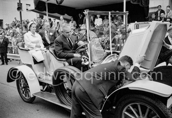 Prince Rainier and Princess Grace of Monaco, Prince Bernhard of the Netherlands, Co-driver Louis Chiron in a 1910 Renault. Monaco Grand Prix 1965. - Photo by Edward Quinn