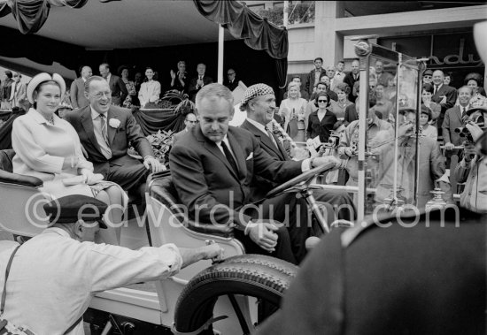 Prince Rainier and Princess Grace of Monaco, Prince Bernhard of the Netherlands, Co-driver Louis Chiron on the parade lap in a 1910 Renault. Monaco Grand Prix 1965. - Photo by Edward Quinn
