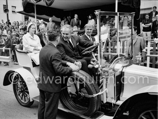 Prince Rainier and Princess Grace of Monaco, Prince Bernhard of the Netherlands, Co-driver Louis Chiron on the parade lap in a 1910 Renault. Monaco Grand Prix 1965. - Photo by Edward Quinn