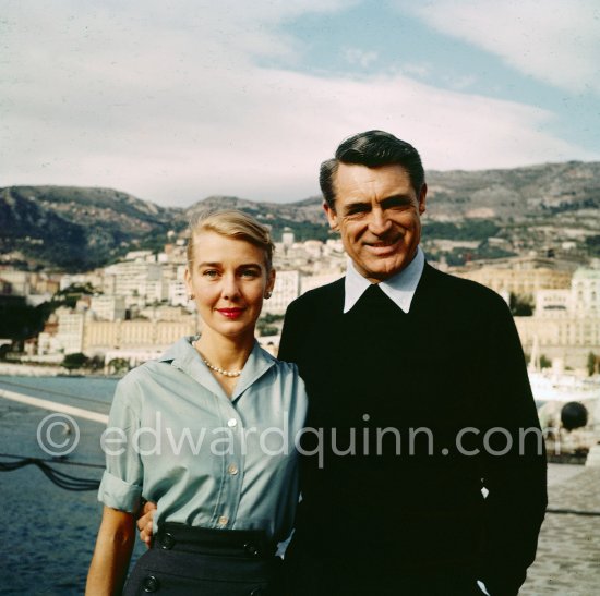 Cary Grant and his wife Betsy Drake on board Onassis\' yacht Christina. Monaco harbor 1957. - Photo by Edward Quinn