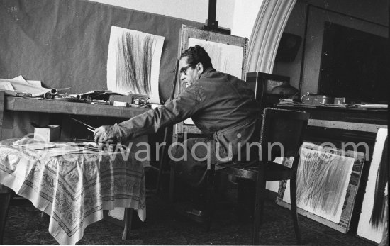 Hans Hartung at work at his appartment, Promenade des Anglais, Nice 1961. - Photo by Edward Quinn