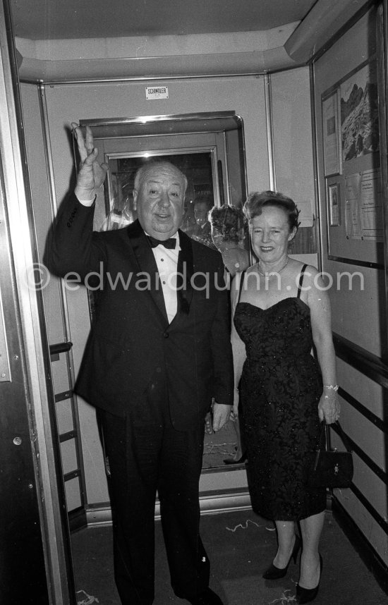 Alfred Hitchcock and his wife. New Year Eve Gala Evening, Hotel Badrutt\'s Palace, St. Moritz 1961. - Photo by Edward Quinn
