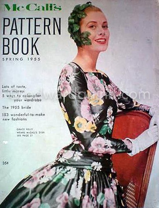 Grace Kelly on the cover of McCall\'s pattern book, Spring 1955. This is the dress she wore to her first meeting with Prince Rainier, at the Palace in Monaco, 1955. - Photo by Edward Quinn