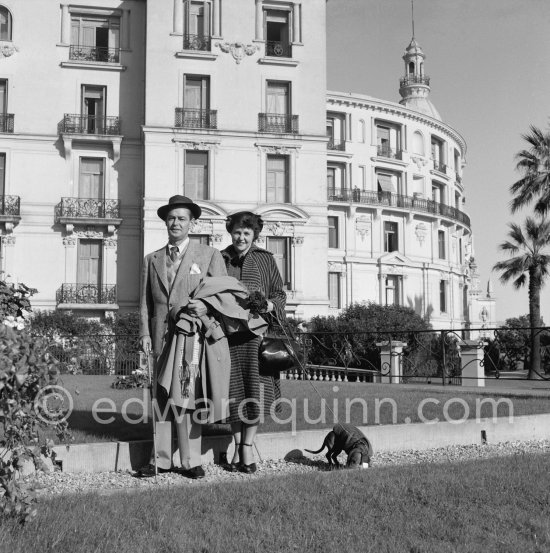 Alan Ladd, movie tough guy and fifties box office star, with Sue Carol, his wife and agent, and their hunting dog. Monte Carlo 1953. - Photo by Edward Quinn