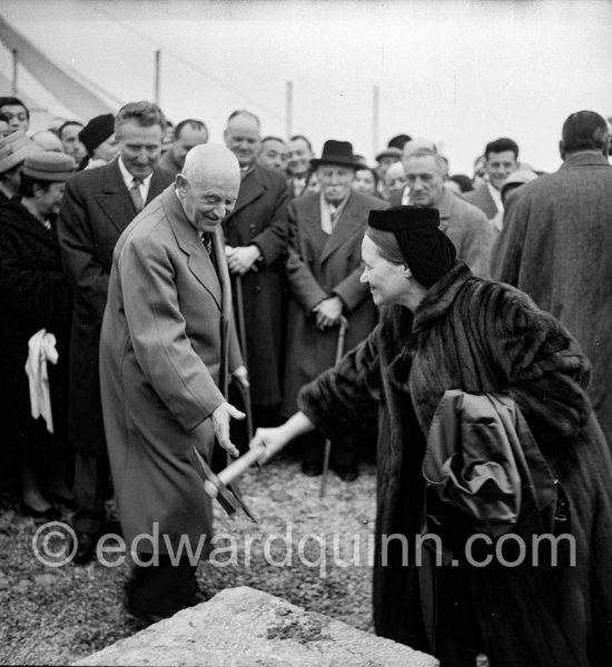Nadia Léger and Daniel-Henry Kahnweiler. In the background Aimé Maeght, Maurice Thorez, Marcel Cachin, editor of the newspaper L\'Humanité. Musée Fernand Léger, Foundation Stone Ceremony, Biot 24 Feb 1957. - Photo by Edward Quinn