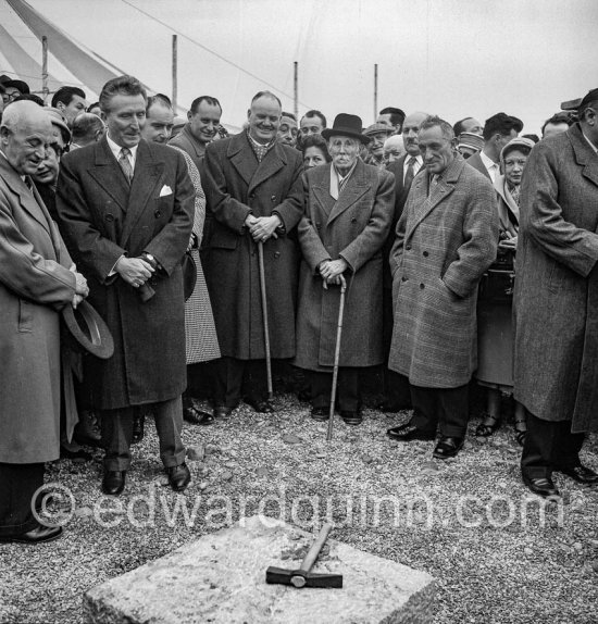 From left Daniel-Henry Kahnweiler, Aimé Maeght, with walking sticks Maurice Thorez and Marcel Cachin, editor of the newspaper L\'Humanité. Musée Fernand Léger, Foundation Stone Ceremony, Biot 24 Feb 1957. - Photo by Edward Quinn