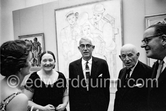 Nadia Léger and Daniel-Henry Kahnweiler. Not identified persons. Inauguration of Musée Fernand Léger, Biot, May 13 1960. - Photo by Edward Quinn