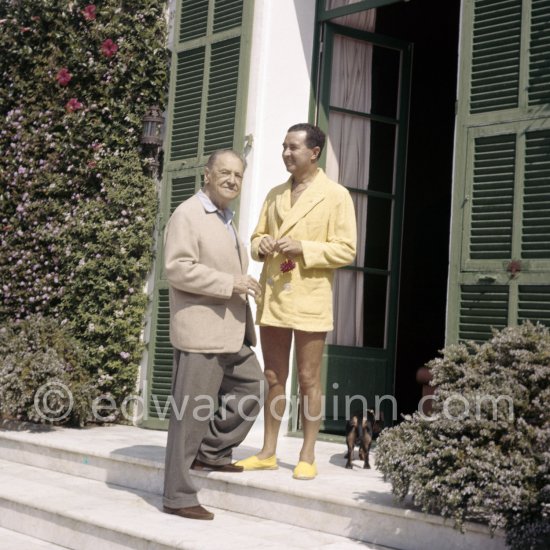 The Grand Old Man of storytelling Somerset Maugham with his secretary and companion Alan Searle and his Dachshund George. Villa Mauresque, Saint-Jean-Cap-Ferrat 1960. - Photo by Edward Quinn