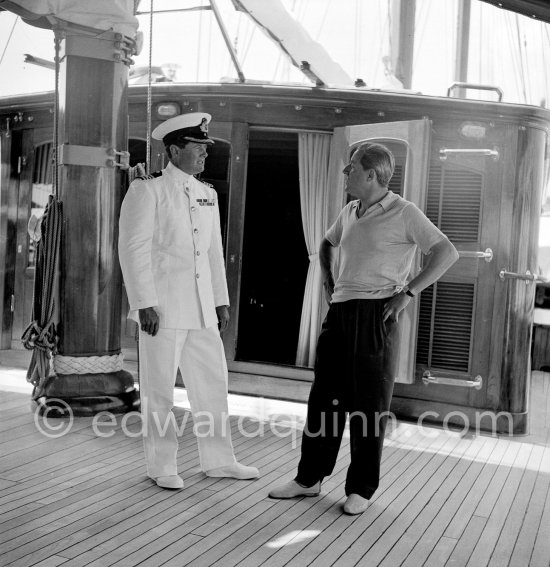 Stavros Niarchos on board his schooner Le Créole. Villefranche 1955. - Photo by Edward Quinn