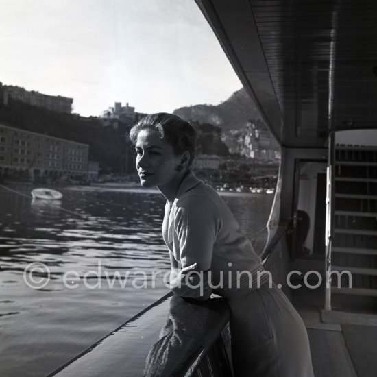 Tina Onassis on board the yacht Christina. Monaco harbor 1955 - Photo by Edward Quinn