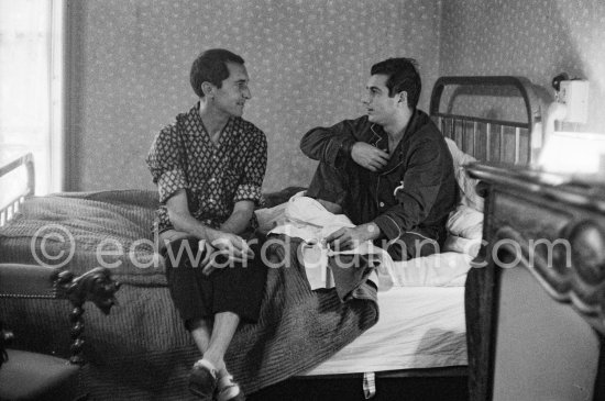 Luis Miguel Dominguin and Antonio Ordóñez, a leading bullfighter in the 1950\'s and the last survivor of the dueling matadors chronicled by Hemingway in \'\'The Dangerous Summer\'\'. Hotel Nord-Pinus, Arles 1959. - Photo by Edward Quinn