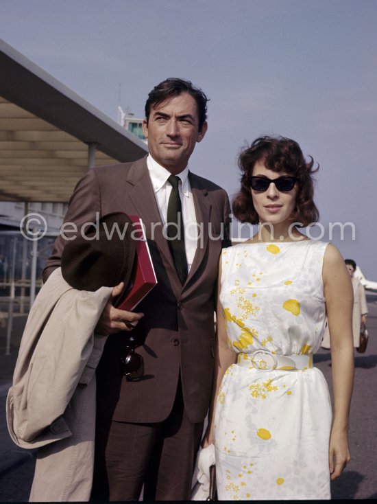 Gregory Peck and his wife Véronique arriving at Nice Airport, 1961. Peck married the French journalist Véronique Passani in 1955. They bought a house at Saint-Jean-Cap-Ferrat and spent part of each year on the Riviera. - Photo by Edward Quinn