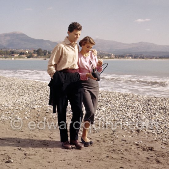 Gérard Philipe as Modigliani and Anouk Aimée as Jeanne Hebuterne in "Montparnasse 19". A film by Jacques Becker. A scene being filmed on the beach. Cagnes-sur-Mer 1957. - Photo by Edward Quinn