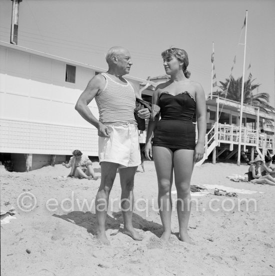 Pablo Picasso and Maya Picasso at the beach. Golfe-Juan 1954. - Photo by Edward Quinn