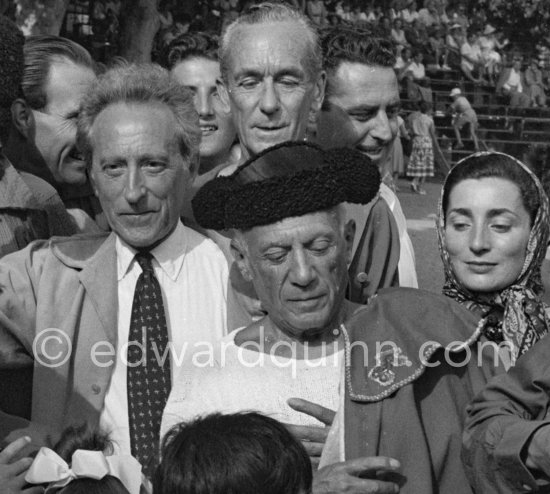 On the occasion of a local corrida. Jean Cocteau, Jacques-Henri Lartigue, photographer, Jacqueline. Vallauris , 11 Aug 1955. - Photo by Edward Quinn