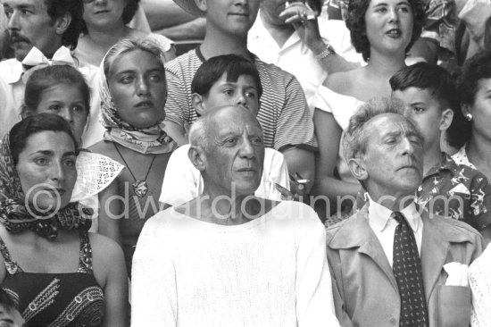On the grandstand of a bullfight put on in Pablo Picasso\'s honor. On the left of Pablo Picasso Jacqueline, on the right Jean Cocteau, Inès Sassier, Pablo Picasso\'s housekeeper, behind Pablo Picasso his children Paloma Picasso, Maya Picasso and Claude Picasso. Vallauris 1955. - Photo by Edward Quinn
