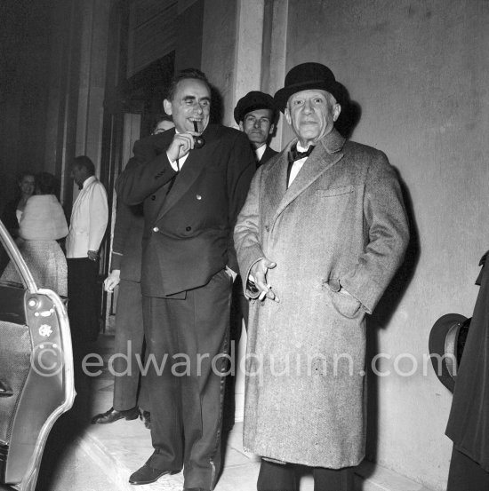 Two gentlemen in their Sunday bests. Pablo Picasso and film director Henri-Georges Clouzot at the Palais du Festival in Cannes where Clouzot’s film "Le mystère Picasso" was shown. Cannes Film Festival 1956. - Photo by Edward Quinn