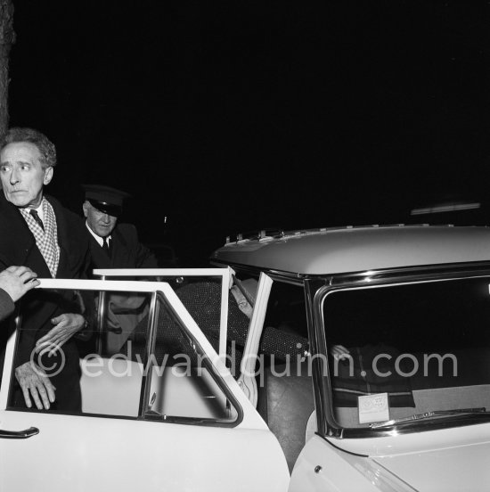 Pablo Picasso (in the car) and Cocteau leaving a private viewing of his book illustrations in the Matarasso gallery in Nice. "Pablo Picasso. Un Demi-Siècle de Livres Illustrés". Galerie H. Matarasso. 21.12.1956-31.1.1957. Nice 1956. - Photo by Edward Quinn