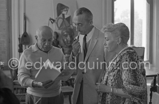Pablo Picasso with oceanologist Jacques-Yves Cousteau and his wife his wife Simone. La Californie, Cannes 1958. - Photo by Edward Quinn