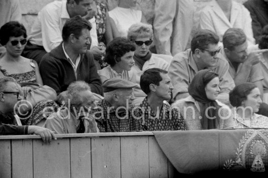 At the bullfight from left: Douglas Cooper, Jean Cocteau, Pablo Picasso, Luis Miguel Dominguin (spectator because of injuries), Lucia Bosè, Jacqueline. Second row Pablo Picasso’s chauffeur Jeannot, Catherine Hutin. Corrida des vendanges. Arles 1959. - Photo by Edward Quinn