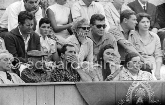 At the bullfight. At the moment of the "mise à mort", the killing of the bull, Dominguin covers his face nervously. From left: Jean Cocteau, Pablo Picasso, Luis Miguel Dominguin, Lucia Bosè, Jacqueline. Second row Pablo Picasso’s chauffeur Jeannot, Catherine Hutin. Corrida des vendanges. Arles 1959. - Photo by Edward Quinn