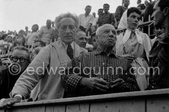 At the bullfight from left: Douglas Cooper, Francine Weisweiller (behind Cocteau), Jean Cocteau, Pablo Picasso, Catherine Hutin, Luis Miguel Dominguin. Corrida des vendanges. Arles 1959. - Photo by Edward Quinn