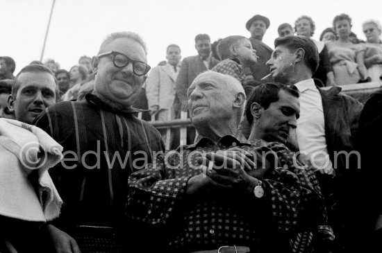 At the bullfight from left: John Richardson, Douglas Cooper, Pablo Picasso, Luis Miguel Dominguin (spectator because of injuries), Paulo Picasso. Corrida des vendanges. Arles 1959. - Photo by Edward Quinn