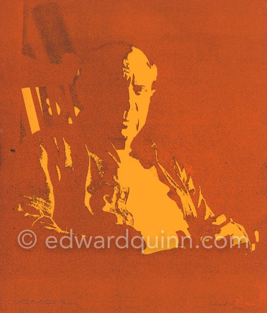 Serigraphy orange by Edward Quinn, 1974: Pablo Picasso in the rocking-chair with a special lighting. La Californie, Cannes 1959. Based on the photo Pic590360 - Photo by Edward Quinn