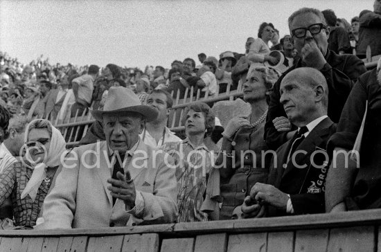 Pablo Picasso at the bullfight, on the left of him Michel Leiris and Douglas Cooper, on the right of Pablo Picasso Marie Cuttoli. Arles 1960. - Photo by Edward Quinn