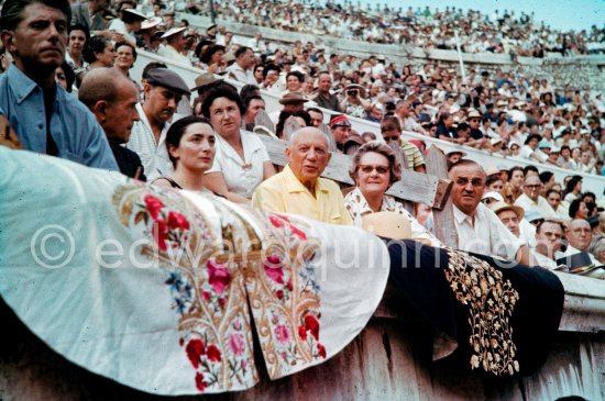 From left: Paulo Picasso, Michel Leiris, Jacqueline, Pablo Picasso, Marie Cuttoli, close friend and collector of his works. Bullfight, Nîmes 1960. (Photos in the bull ring of this bullfight see "Miscellaneous".) - Photo by Edward Quinn