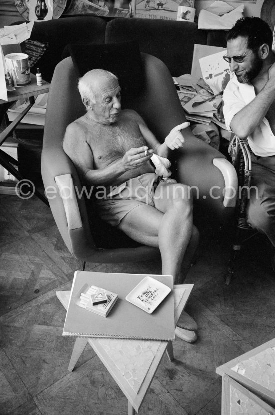 Pablo Picasso with Georges Tabaraud (editor of "Le Patriote", a french communist daily Newspaper). And a Ripolin can. La Californie, Cannes 1961. - Photo by Edward Quinn