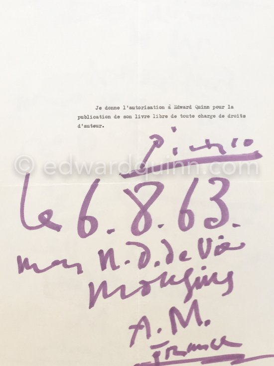 Authorization by Pablo Picasso for Edward Quinn for a book. Mougins 6.8.63. - Photo by Edward Quinn