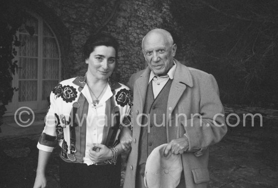 Pablo Picasso and Jacqueline in the gardens of Mas Notre-Dame-de-Vie. First photos after surgery at British-American Hospital in Paris. Mougins 1965. - Photo by Edward Quinn