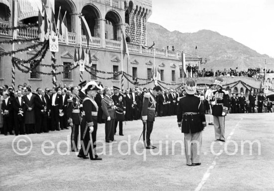 Prince Rainier of Monaco during the ceremony celebrating his accession to the throne. With him are his government, his Minitsre d\'Etat and all the dignitaries of Monaco. Monaco 1950 - Photo by Edward Quinn