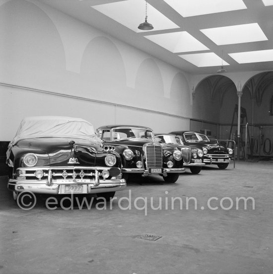 The cars of Prince Rainier: 1950 Lincoln Cosmopolitan; Mercedes-Benz 300 Limousine; Lancia Aurelia B20 Gran Turismo 2500; 1953 Ford Vedette (from left) Monaco-Ville 1954. - Photo by Edward Quinn