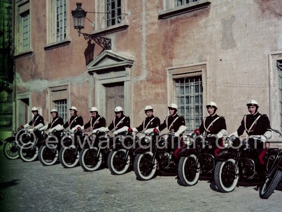 9 of the 12 motorcyclists of the personal guard of Prince Rainier on Harley-Davidsons. Monaco about 1954. - Photo by Edward Quinn