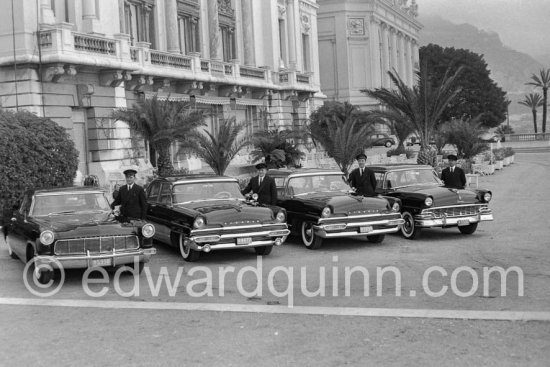 Cars of Prince Rainier: 1956 Lincoln Continental Mark Il; 2 x 1956 Lincoln Premiere; 1956 Ford Fairlane Town Sedan Car (from left). In front of the palace, Monaco-Ville 1956. - Photo by Edward Quinn