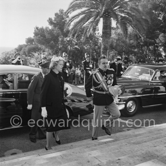 Prince Rainier and Princess Grace. Monégasque Fête Nationale, in front of cathedral, Monaco-Ville 1956. Car: 1956 Rolls-Royce Silver Cloud I, #LSXA243, Standard Steel Sports Saloon. Detailed info on this car by expert Klaus-Josef Rossfeldt see About/Additional Infos. (Grace Kelly) - Photo by Edward Quinn