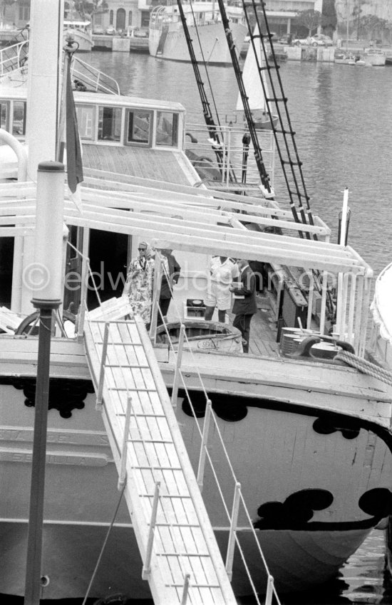 Princess Grace on board cargo ship Costa del Sol, which replaced yacht Deo Juvante II, later converted for Prince Rainier into luxury boat Deo Juvante III. Anchored in Monaco harbor 1959. - Photo by Edward Quinn