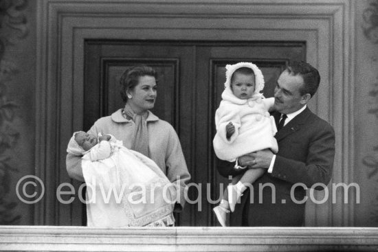 Prince Rainier, Grace, Albert and Caroline at a palace window on the occasion of the baptism of Albert. Monaco 1958 - Photo by Edward Quinn