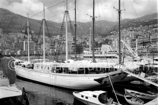 Cargo ship Costa del Sol, which replaced yacht Deo Juvante II, later converted for Prince Rainier into luxury boat Deo Juvante III. Anchored in Monaco harbor 1959. - Photo by Edward Quinn