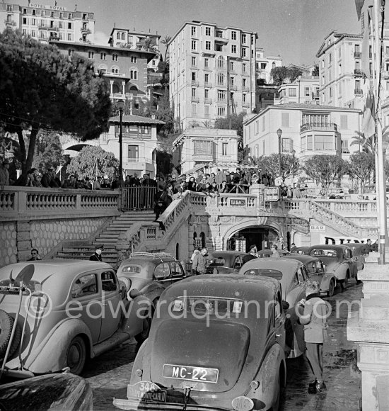 Arrival of participants, entrance to the parc fermée. N° 348, Marchand / Baboud on Hotchkiss. Rallye Monte Carlo 1951. - Photo by Edward Quinn