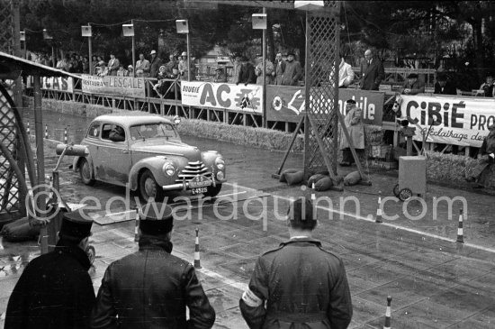 N° 55 Johansen / Jendsen on Skoda 1101, undergoing the breaking and starting test. Cars will have to accelerate as fast as possible for 200 metres from a standing start, and then pull up in the shortest possible distance, for the cars have to keep a line between the axles. Rallye Monte Carlo 1951. - Photo by Edward Quinn