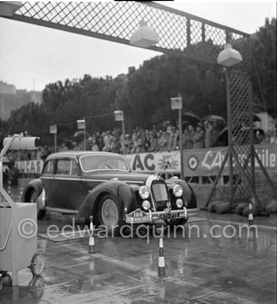 N° 186 Levegh and Marmonie on Talbot Lago Record, undergoing the breaking and starting test. Cars will have to accelerate as fast as possible for 200 metres from a standing start, and then pull up in the shortest possible distance, for the cars have to keep a line between the axles. Rallye Monte Carlo 1951 - Photo by Edward Quinn
