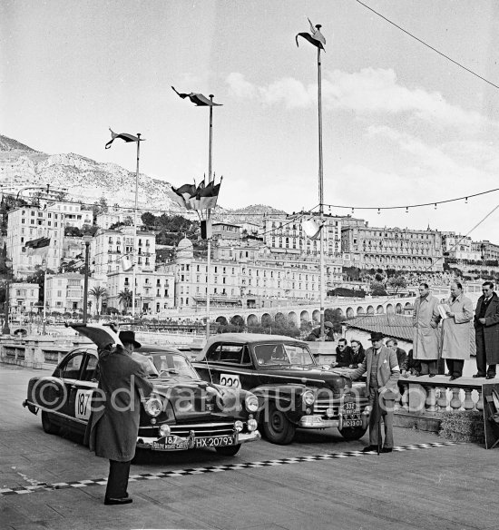 N° 187 Barendregt / Beekman on Kaiser and N° 332 Comte de Montreal / Palama on Ford taking part in the regularity speed test on the circuit of the Monaco Grand Prix. Rallye Monte Carlo 1951. - Photo by Edward Quinn