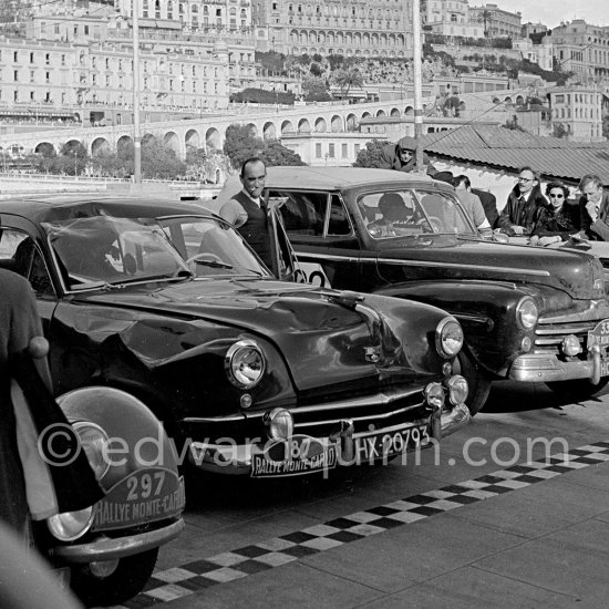 N° 187 Barendregt / Beekman on Kaiser and N° 332 Comte de Montreal / Palama on Ford taking part in the regularity speed test on the circuit of the Monaco Grand Prix. Rallye Monte Carlo 1951. - Photo by Edward Quinn